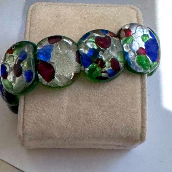 💫 Beautiful Rare Murano Glass Green, Silver Fleck Tutti-Frutti Elastic Bracelet - Picture 8 of 13